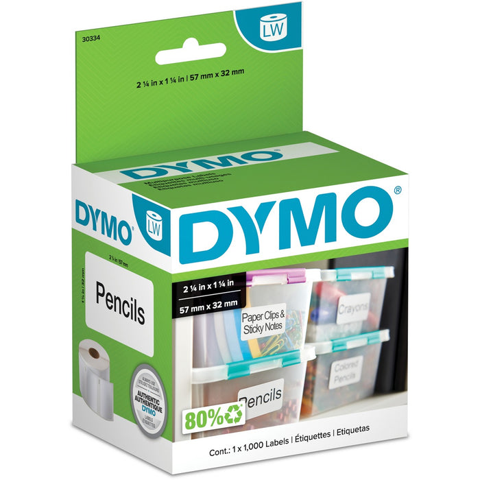 Dymo LW Multi-Purpose Labels - 2 1/4" (57.15 mm) Width x 1 1/4" (31.75 mm) Length - Removable Adhesive - White - 1000 Total Label(s) - 1 Roll