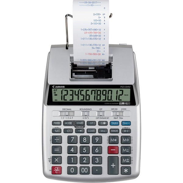 Canon P23-DHV-3 12-digit Printing Calculator - Clock, Calendar, Decimal Point Selector Switch, Sign Change - 2.2" (55.88 mm) Height x 6.4" (162.56 mm) Width x 9.1" (231.14 mm) Length - Silver - 1 Each