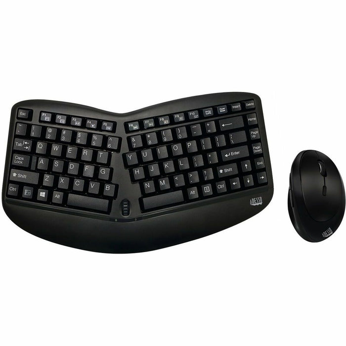 Adesso Tru-Form Wireless Ergo Mini Keyboard & Mouse - USB Membrane Wireless RF Keyboard - 87 Key - English (US) - Black - USB Wireless RF Mouse - Optical - 1600 dpi - Scroll Wheel - QWERTY - Black - Play/Pause, Stop, Forward, Volume Up, Volume Down, Mute,