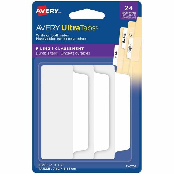 Avery&reg; UltraTabs Filing Tabs - 24 Tab(s) - 1.50" (38.10 mm) Tab Height x 3" (76.20 mm) Tab Width - Clear Film, White Paper Tab(s) - 1 Pack