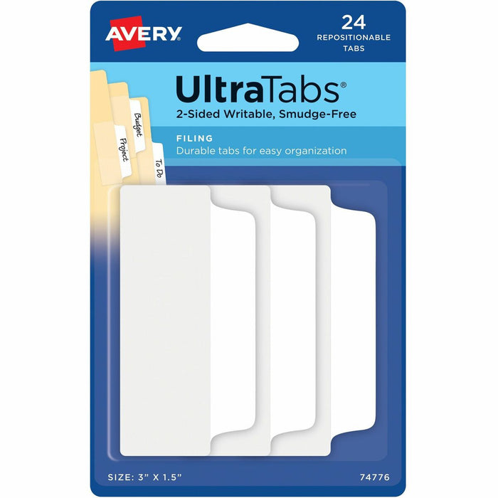 Avery&reg; UltraTabs Filing Tabs - 24 Tab(s) - 1.50" (38.10 mm) Tab Height x 3" (76.20 mm) Tab Width - Clear Film, White Paper Tab(s) - 1 Pack