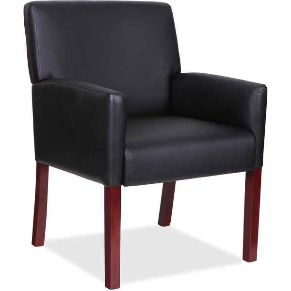 Lorell Full-sided Upholstered Arms Guest Chair - Black Leather Seat - Black Leather Back - Mahogany Wood Frame - 1 Each