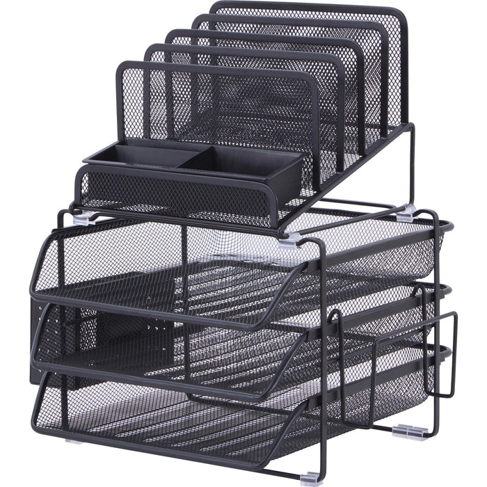 Lorell Divided 4-tier Desktop Organizer - 4 Tier(s) - 15.7" (400.05 mm) Height x 12.9" (326.90 mm) Width x 14.4" (365 mm) Depth - Desktop - Black - Plastic, Mesh - 1 Each