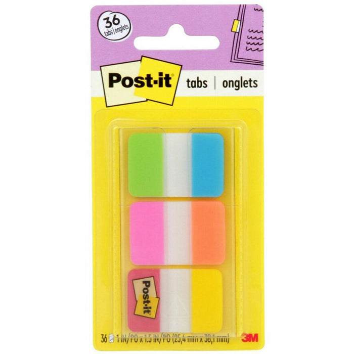 Post-it&reg; Alternating Tabs - 36 Tab(s) - 1" (25.40 mm) Tab Height x 1.50" (38.10 mm) Tab Width - Removable - Green Poly, Orange, Red, Yellow, Pink, Blue Tab(s) - No - Repositionable, Durable - 36 / Pack