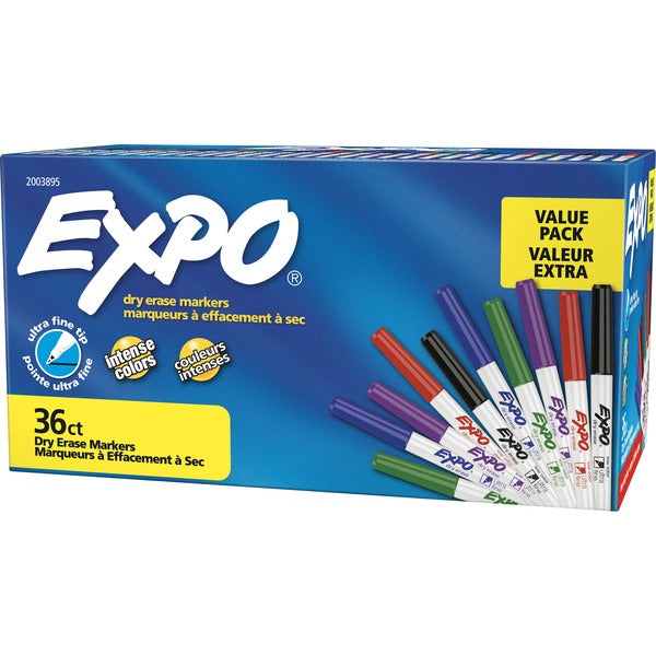 Expo Low-Odor Dry-erase Markers - Ultra Fine Chisel Marker Point - Green, Blue, Black, Red, Purple Ink - Alcohol Based - 36 / Pack
