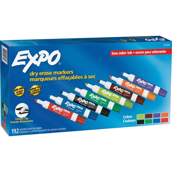 Expo Low-Odor Dry-erase Markers - Fine Chisel, Ultra Fine Bullet Marker Point - Erasable - Blue, Lime, Red, Brown, Orange, Green, Black, Purple Ink - Alcohol Based - 192 / Pack