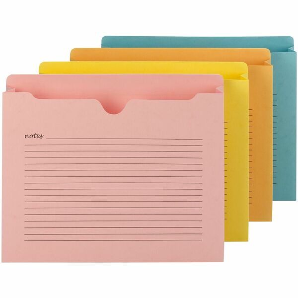 Smead Straight Tab Cut Letter Recycled File Jacket - 8 1/2" (215.90 mm) x 11" (279.40 mm) - 2" (50.80 mm) Expansion - 2 Plys - Aqua, Goldenrod, Pink, Yellow - Preprinted, Closed Sides, Reinforced Tab, Closed Sides, Durable - 10% Recycled - 12 / Pack