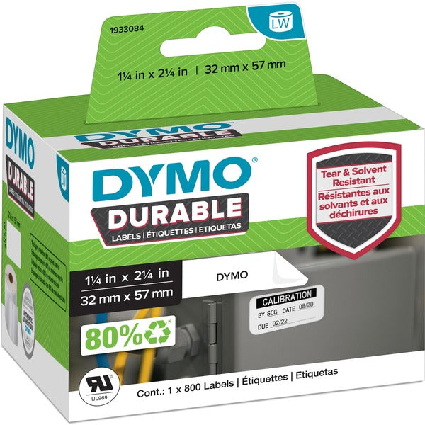Dymo LW Durable Labels - 2 1/4" (57 mm) Width x 1 17/64" (32 mm) Length - Rectangle - White - Plastic - Water Resistant - 1 Each