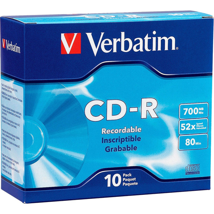 Verbatim CD-R 700MB 52X with Branded Surface - 10pk Slim Case - 1.33 Hour Maximum Recording Time