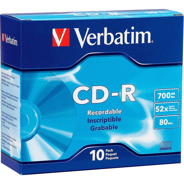 Verbatim CD-R 700MB 52X with Branded Surface - 10pk Slim Case - 1.33 Hour Maximum Recording Time