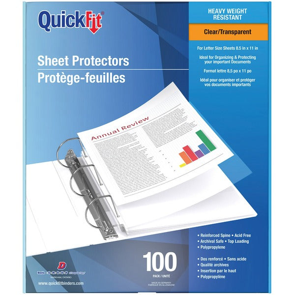 QuickFit Sheet Protector - For Letter 8 1/2" (215.90 mm) x 11" (279.40 mm) Sheet - 3 x Holes - Rectangular - Clear - Polypropylene - 100 / Box