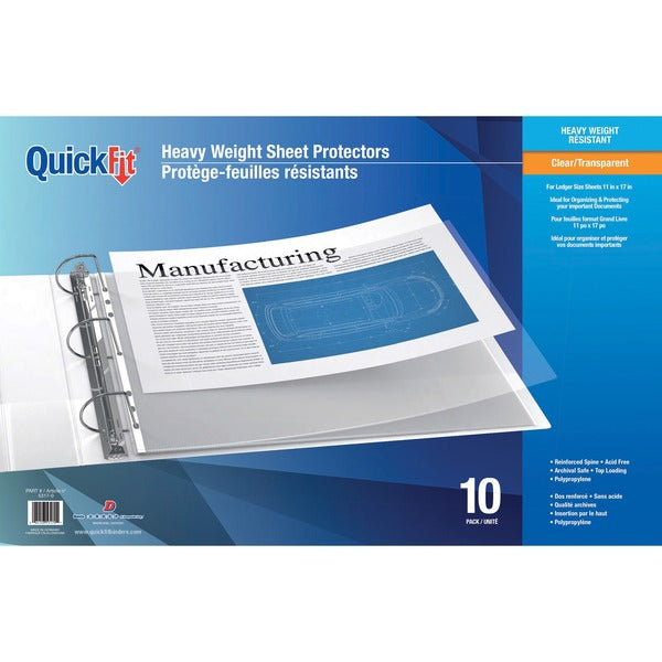 QuickFit Sheet Protector - For Ledger 17" (431.80 mm) x 11" (279.40 mm) Sheet - 3 x Holes - Rectangular - Clear - Polypropylene - 10 / Pack