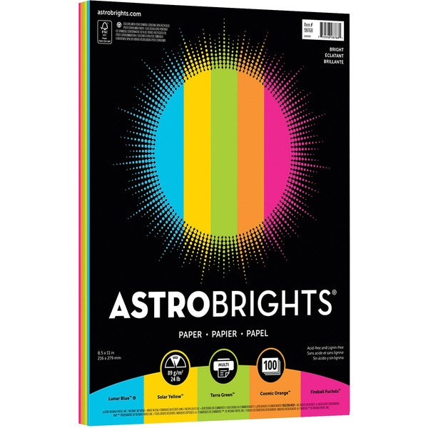 Astrobrights Color Copy Paper - 5 Assorted Colours - Letter - 8 1/2" x 11" - 24 lb Basis Weight - 89 g/m² Grammage - Smooth - 100 / Pack - Carbon Neutral, Green Seal - Acid-free, Lignin-free, Bleed Proof - Lunar Blue, Solar Yellow, Terra Green, Cosmi