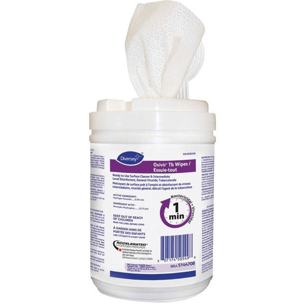 Diversey Oxivir Disinfectant - For Hard Surface, Nonporous Surface - Ready-To-Use - Wipe - Characteristic Scent - 7" (177.80 mm) Length x 6" (152.40 mm) Width - Non-irritating, Non-corrosive, Virucidal, Anti-bacterial, VOC-free - White - 160/Tub - 60 / Pa
