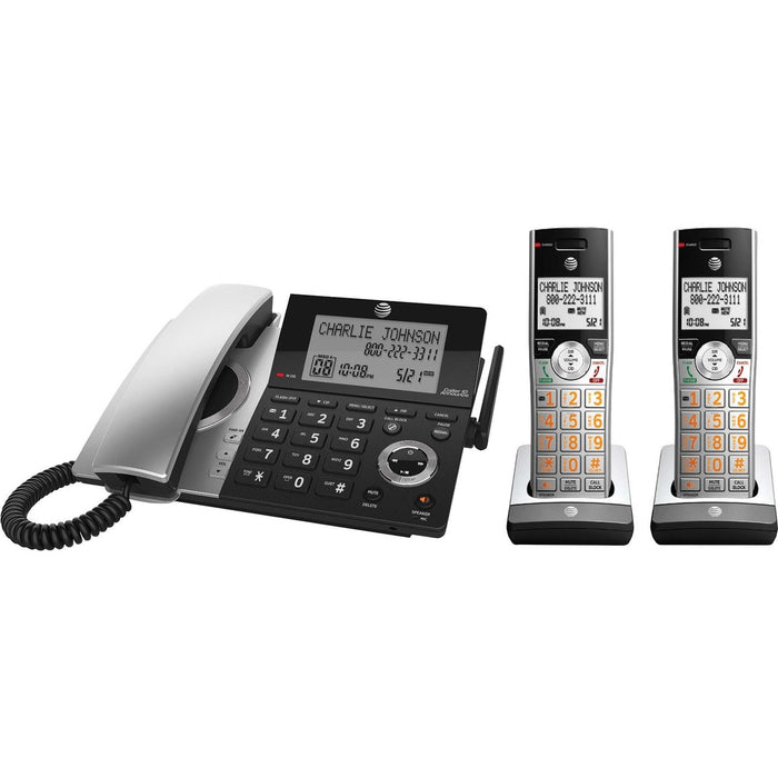 AT&T CL84207 DECT 6.0 Corded/Cordless Phone - Table Mount, Wall Mountable - Silver, Black - 1 x Phone Line - 2 x Handset - Speakerphone - Answering Machine - Hearing Aid Compatible