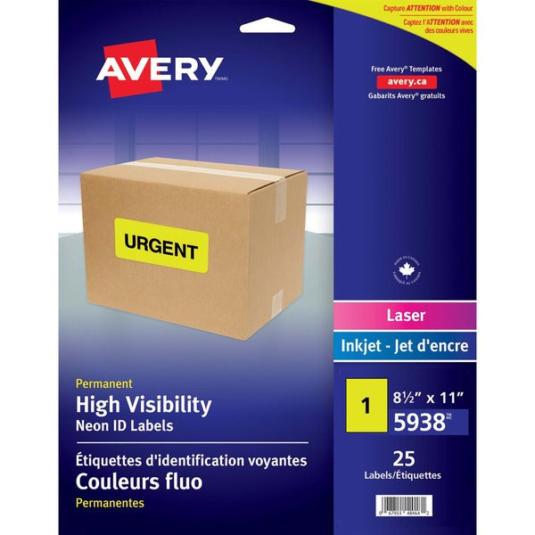 Avery&reg; High Visibility Neon ID Labels - Permanent Adhesive - Rectangle - Inkjet, Laser - Neon Yellow - 25 / Sheet - 1 Total Sheets - 25 / Pack