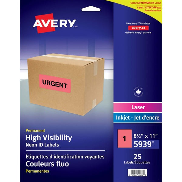 Avery&reg; High Visibility Neon ID Labels - Permanent Adhesive - Rectangle - Inkjet, Laser - Neon Red - 25 / Sheet - 1 Total Sheets - 25 / Pack