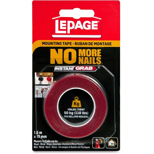 LePage No More Nails Mounting Tape - 4.9 ft (1.5 m) Length x 0.75" (19 mm) Width - For Indoor, Outdoor, Tile, Metal, Wood, Stone, Glass - 1 Each