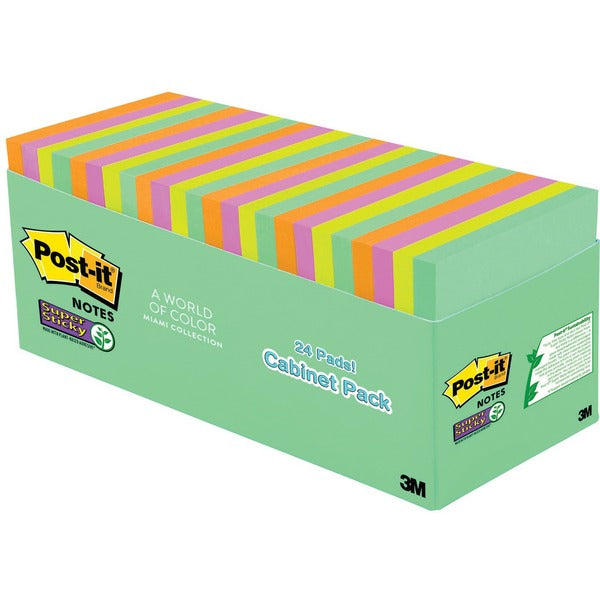 Post-it&reg; Miami Super Sticky Notes Cabinet Pack - 3" (76.20 mm) Flag/Note Width x 3" (76.20 mm) Flag/Note Length - Square - 70 Sheets per Pad - Multicolor - 24 / Pack