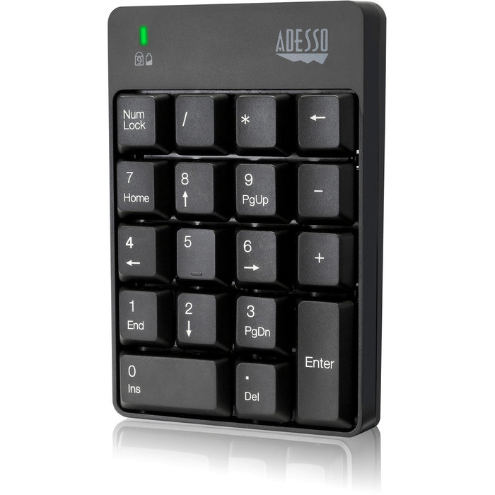 Adesso Wireless Spill Resistant Numeric Keypad - Wireless Connectivity - RF - 30 ft (9144 mm) - 2.40 GHz - USB Interface - 18 Key(s) - Windows 10, Windows 8, Windows 7 - English (US) - Computer - PC - Membrane Keyswitch - AAA Battery Size Supported - Blac