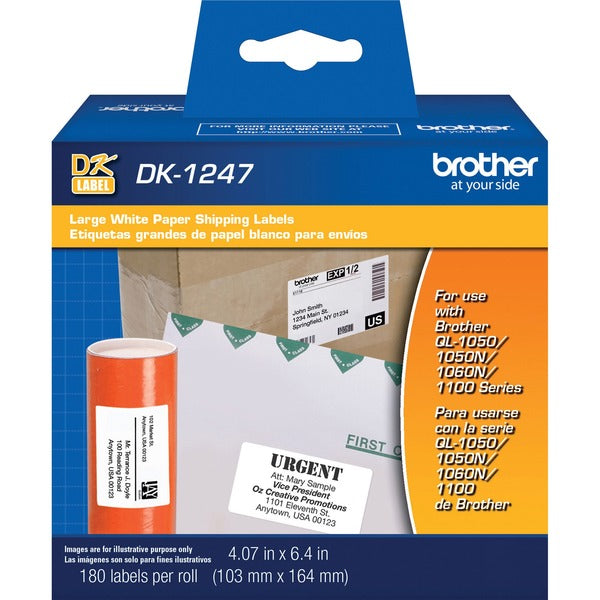 Brother Shipping Label - 4 1/16" (103.38 mm) Width x 6 2/5" (162.56 mm) Length - White - Paper - 180 / Roll - 3 / Pack