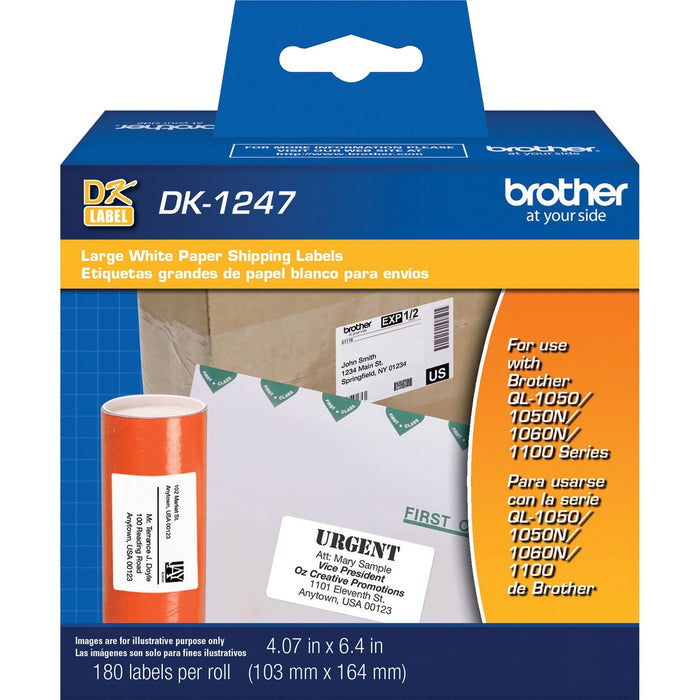 Brother Shipping Label - 4 1/16" (103.38 mm) Width x 6 2/5" (162.56 mm) Length - White - Paper - 180 / Roll - 1 Roll