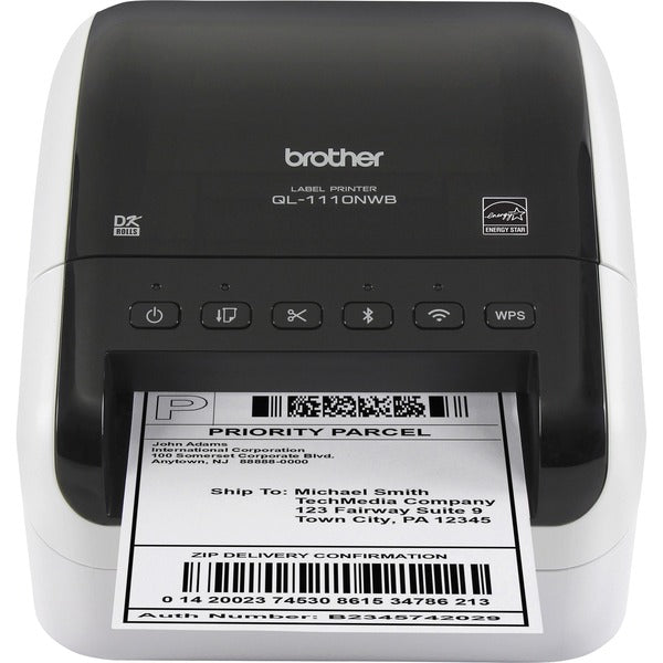Brother QL-1110NWB Desktop Direct Thermal Printer - Monochrome - Label Print - USB - Bluetooth - Wireless LAN - 118.11" (3000 mm) Print Length x 4" (101.60 mm) Print Width - 4.33 in/s (110 mm/s) Mono - 300 x 300 dpi - 4.08" (103.60 mm) Label Width
