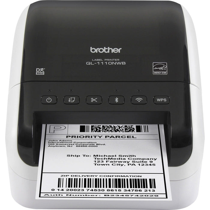 Brother QL-1110NWB Desktop Direct Thermal Printer - Monochrome - Label Print - USB - Bluetooth - Wireless LAN - 118.11" (3000 mm) Print Length x 4" (101.60 mm) Print Width - 4.33 in/s (110 mm/s) Mono - 300 x 300 dpi - 4.08" (103.60 mm) Label Width - For P