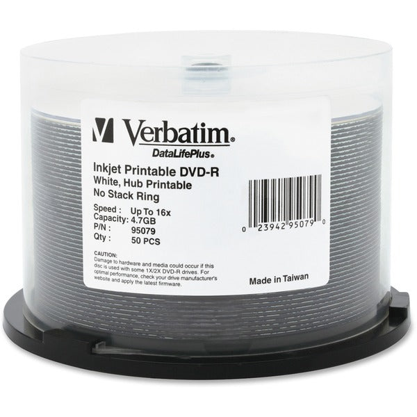Verbatim DataLifePlus 95079 DVD Recordable Media - DVD-R - 16x - 4.70 GB - 50 / Pack - White - 120mm - Printable - Inkjet Printable