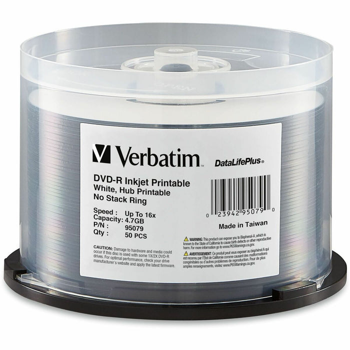 Verbatim DataLifePlus 95079 DVD Recordable Media - DVD-R - 16x - 4.70 GB - 50 / Pack - White - 120mm - Printable - Inkjet Print Technology