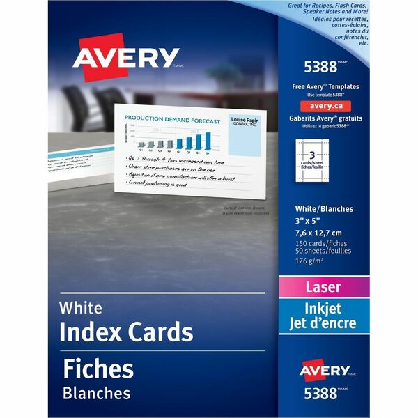 Avery&reg; Index Cards for Laser and Inkjet Printers, 3" x 5" - 97 Brightness - 3" x 5" - 65 lb Basis Weight - 176 g/m&#178; Grammage - 150 / Box - Printable, Jam-free, Smudge-free, Micro Perforated - White