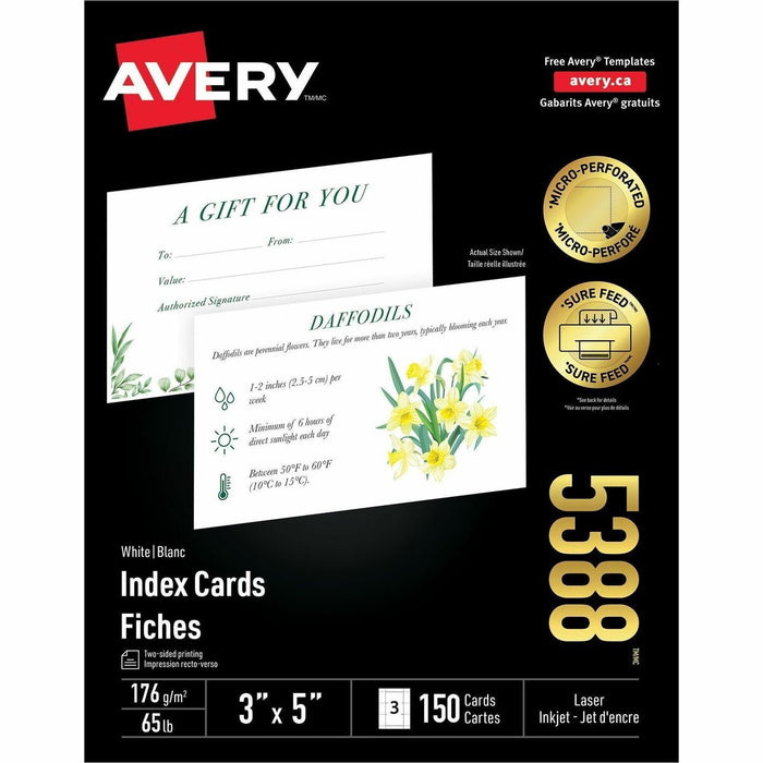 Avery&reg; Index Cardsfor Laser and Inkjet Printers, 3" x 5" - 97 Brightness - 3" (76.20 mm) x 5" (127 mm) - 65 lb (29483.50 g) Basis Weight - 176 g/m² Grammage - Printable, Jam-free, Smudge-free, Micro Perforated - White - 150 / Box
