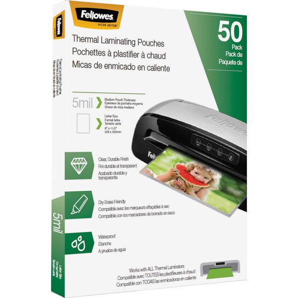 Fellowes Letter-Size Thermal Laminating Pouches - Sheet Size Supported: Letter 8.50" (215.90 mm) Width x 11" (279.40 mm) Length - Laminating Pouch/Sheet Size: 9" (228.60 mm) Width x 5 mil (0.13 mm) Thickness - Glossy - for Document - Photo-safe, Durable -