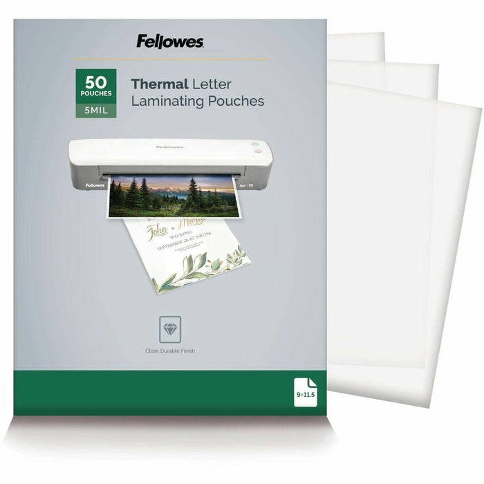 Fellowes Letter-Size Thermal Laminating Pouches - Sheet Size Supported: Letter 8.50" (215.90 mm) Width x 11" (279.40 mm) Length - Laminating Pouch/Sheet Size: 9" (228.60 mm) Width x 5 mil (0.13 mm) Thickness - Glossy - for Document - Photo-safe, Durable -