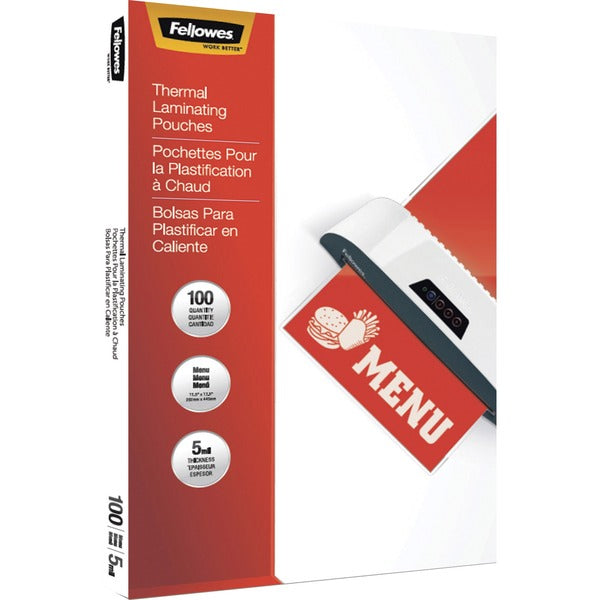 Fellowes Menu Size Thermal Laminating Pouches - Sheet Size Supported: Menu 11.50" (292.10 mm) Width x 17.50" (444.50 mm) Length - Laminating Pouch/Sheet Size: 11.50" Width5 mil Thickness - Glossy - for Document, Menu - Photo-safe, Durable - Clear - 100 /