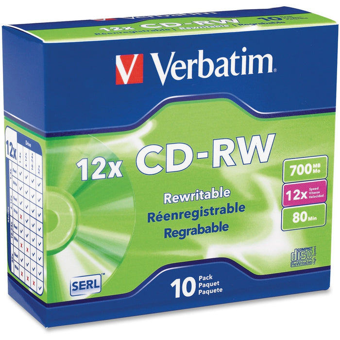 Verbatim 95156 CD Rewritable Media - CD-RW - 12x - 700 MB - 10 - Silver - 120mm - 1.33 Hour Maximum Recording Time