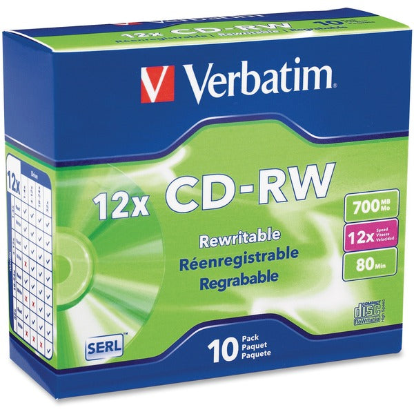 Verbatim 95156 CD Rewritable Media - CD-RW - 12x - 700 MB - 10 Pack Slim Case - Silver - 120mm - 1.33 Hour Maximum Recording Time