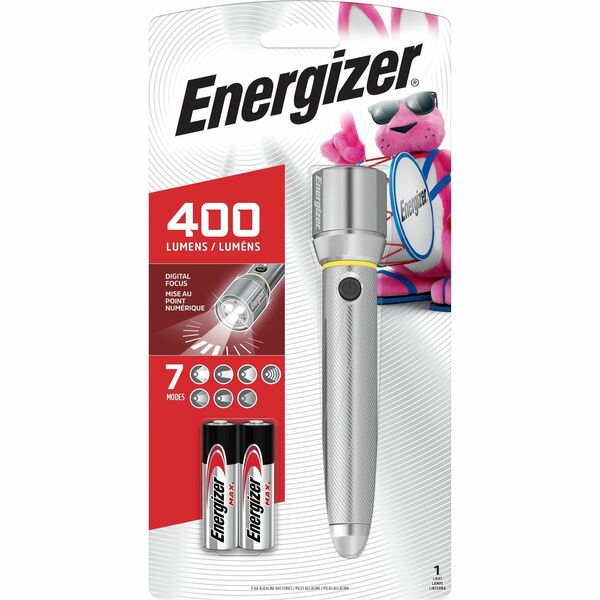 Energizer Vision HD Performance Metal Flashlight with Digital Focus - LED - 400 lm Lumen - 2 x AA - Battery - Metal - Water Resistant - Chrome - 1 Pack