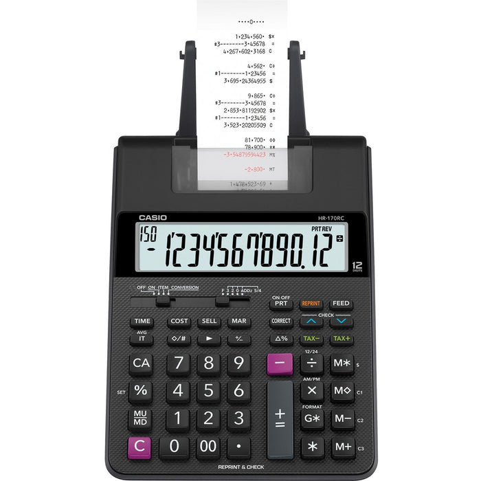 Casio HR-170RC Printing Calculator - Dual Power, Two-color Printing, Easy-to-read Display, Sign Change, Compact - 12 Digits - LCD - AC Supply/Battery Powered - 4 x AA - 2.6" (65.09 mm) Height x 6.5" (165.10 mm) Width x 11.6" (295.27 mm) Length - Black - P
