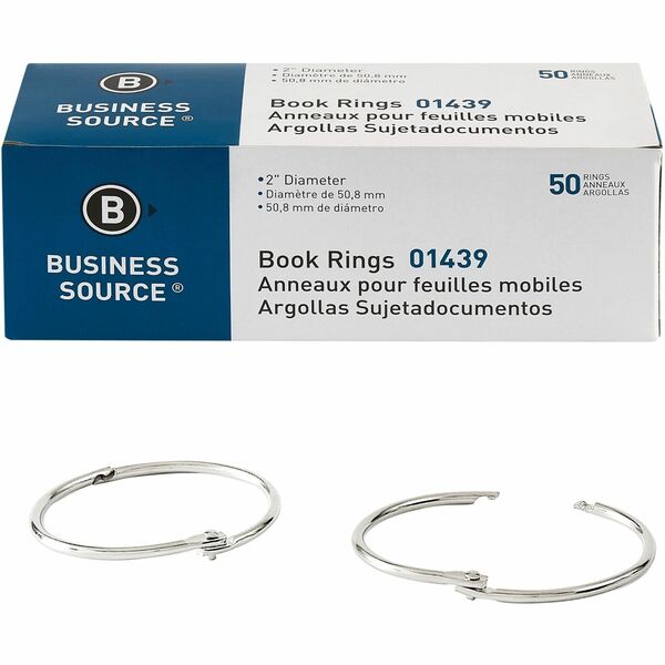 Business Source Standard Book Rings - 2" (50.80 mm) Diameter - Silver - Nickel Plated - 50 / Box