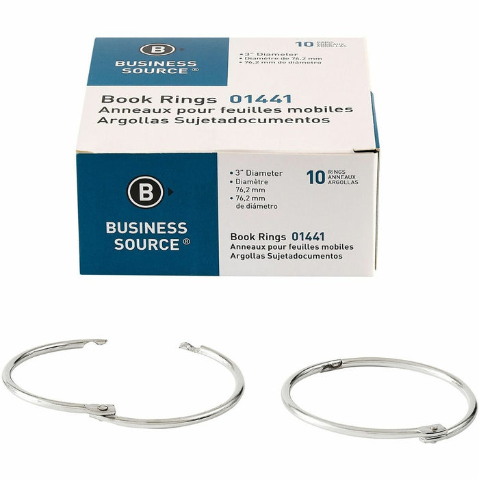 Business Source Standard Book Rings - 3" (76.20 mm) Diameter - Silver - Nickel Plated - 10 / Box