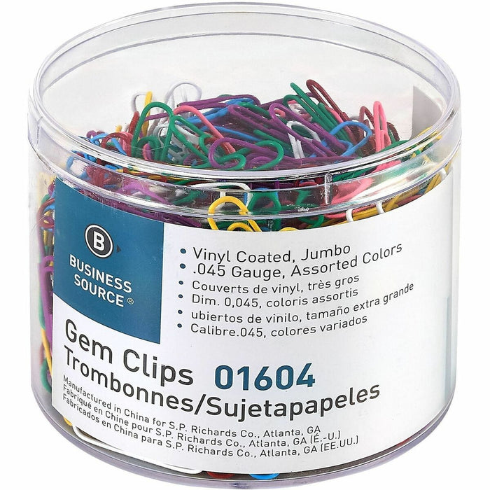 Business Source Vinyl-coated Gem Clips - Jumbo - 2" (50.80 mm) Length x 0.47" (11.94 mm) Width - for Paper - Rust Resistant - Assorted - 250 / Box