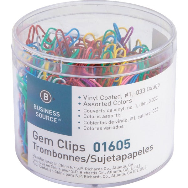 Business Source Vinyl-coated Gem Clips - Small - No. 1 - 1.75" (44.45 mm) Length x 0.47" (11.94 mm) Width - for Paper - Rust Resistant - Assorted - 500 / Box