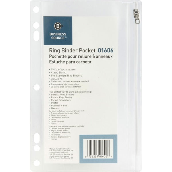 Business Source Punched Economy Binder Pocket - 9.5" (241.3 mm) Height x 6" (152.4 mm) Width - 7 x Holes - Ring Binder - Clear - Plastic - 1 Each