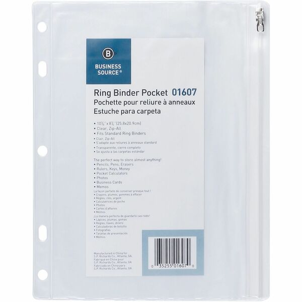 Business Source Punched Economy Binder Pocket - 10" (254 mm) Height x 8" (203.2 mm) Width - 7 x Holes - Ring Binder - Clear - Plastic - 1 Each