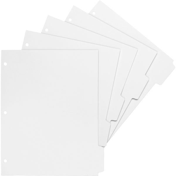 Business Source White Tab Double-reverse Print-on Index - Print-on Tab(s) - 5 Tab(s)/Set - 9" (228.60 mm) - Letter - 8.50" (215.90 mm) Width x 11" (279.40 mm) Length - 3 Hole Punched - Bright White Paper Divider - White Paper Tab(s) - 50 / Box