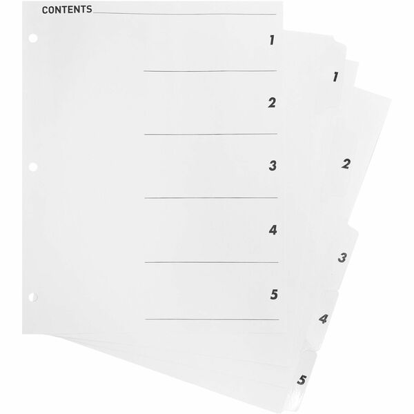 Business Source Table of Content Quick Index Dividers - Printed Tab(s) - Digit - 1-5 - 5 Tab(s)/Set - 8.50" (215.90 mm) Divider Width x 11" (279.40 mm) Divider Length - 3 Hole Punched - White Divider - White Mylar Tab(s) - 5 / Set