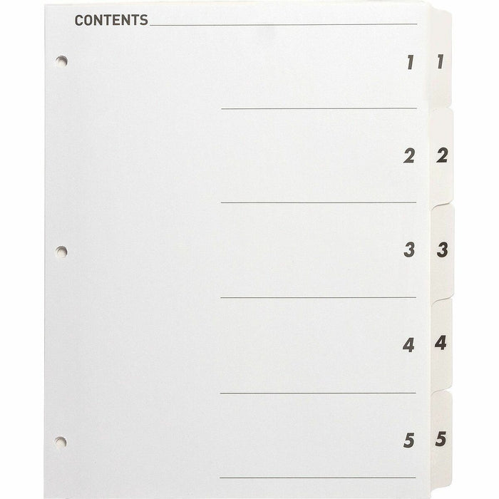 Business Source Table of Content Quick Index Dividers - Printed Tab(s) - Digit - 1-5 - 5 Tab(s)/Set - 8.50" (215.90 mm) Divider Width x 11" (279.40 mm) Divider Length - 3 Hole Punched - White Divider - White Mylar Tab(s) - Tear Resistant, Reinforced, Punc