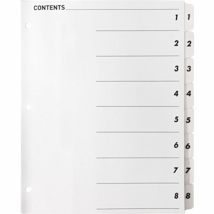 Business Source Table of Content Quick Index Dividers - Printed Tab(s) - Digit - 1-8 - 8 Tab(s)/Set - 8.50" (215.90 mm) Divider Width x 11" (279.40 mm) Divider Length - 3 Hole Punched - White Divider - White Mylar Tab(s) - 1 Set