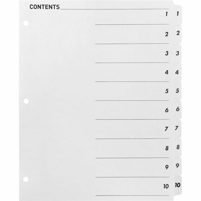 Business Source Table of Content Quick Index Dividers - Printed Tab(s) - Digit - 1-10 - 10 Tab(s)/Set - 8.50" (215.90 mm) Divider Width x 11" (279.40 mm) Divider Length - 3 Hole Punched - White Divider - White Mylar Tab(s) - 1 Set